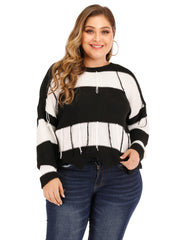 Colorblock Fringe Trim Sweater Loose Fit Women's Plus Casual