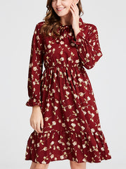Floral Print Knot Front Ruffle Trim Midi Dress
