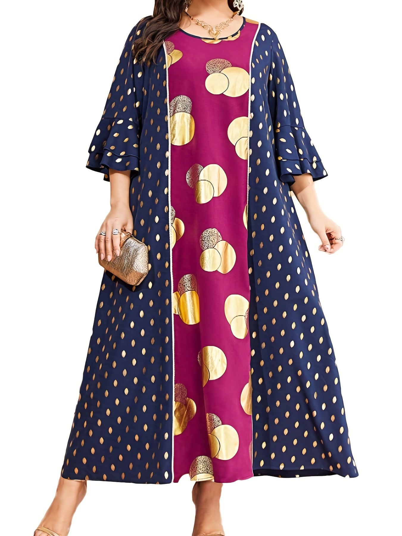 Boho Abaya Dress Women's Plus Golden Dot Print Layered Sleeve Maxi