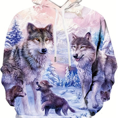 Wolf 3D Print Hoodie Men's Graphic Kangaroo Pocket Pullover