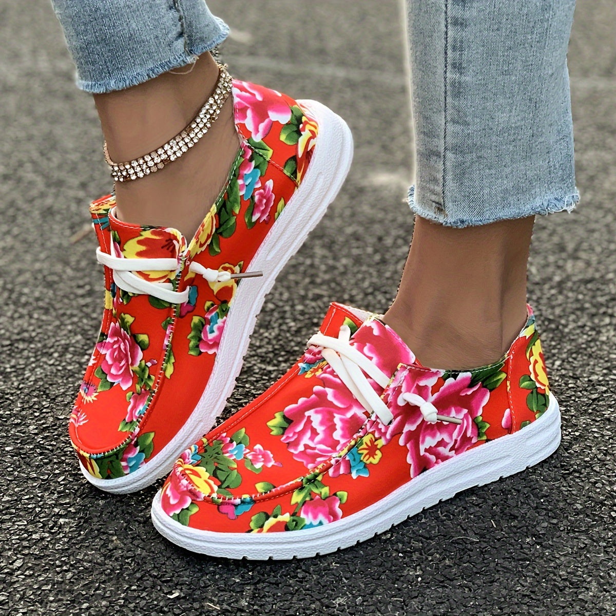 Chinese Flower Pattern Skate Shoes Lace-up Canvas