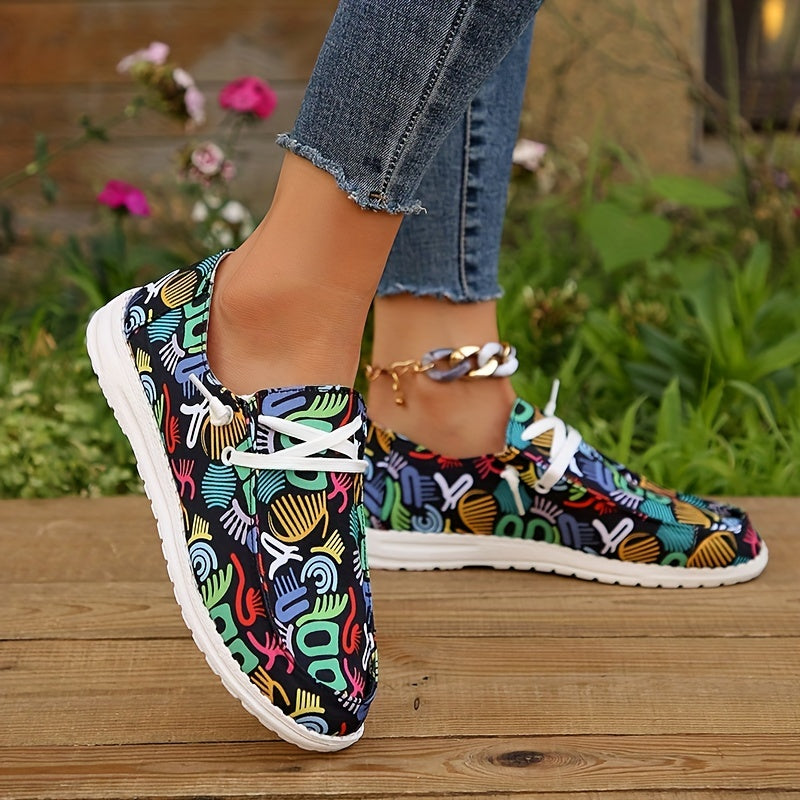 Women's Graffiti Print Flat Shoes Lace Up Casual Canvas Shoes
