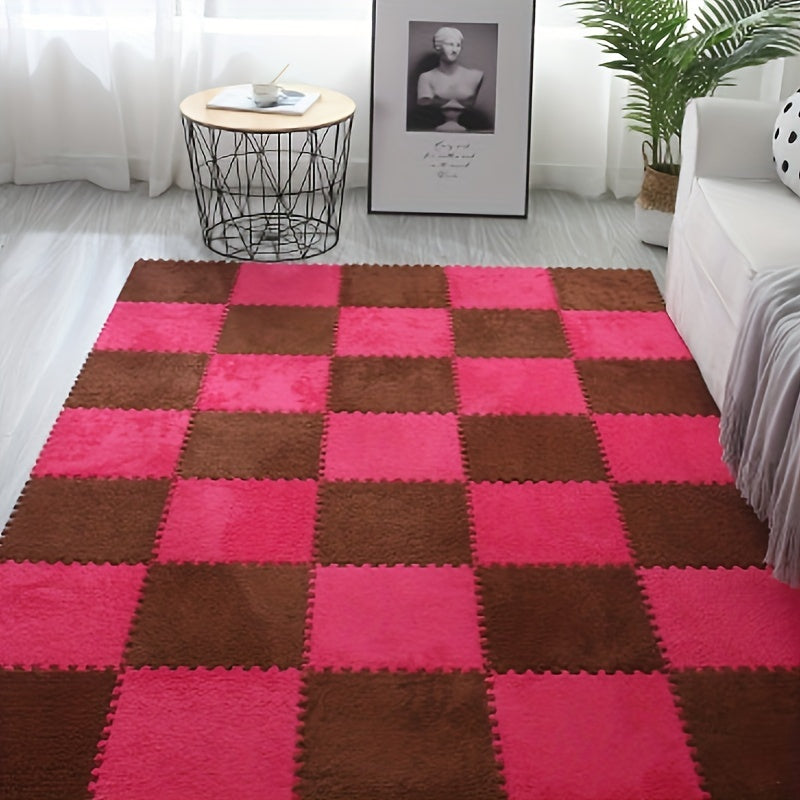 12pc Interlocking Shaggy Foam Mat Anti-slip Area Rugs Kids Room Floor Tiles