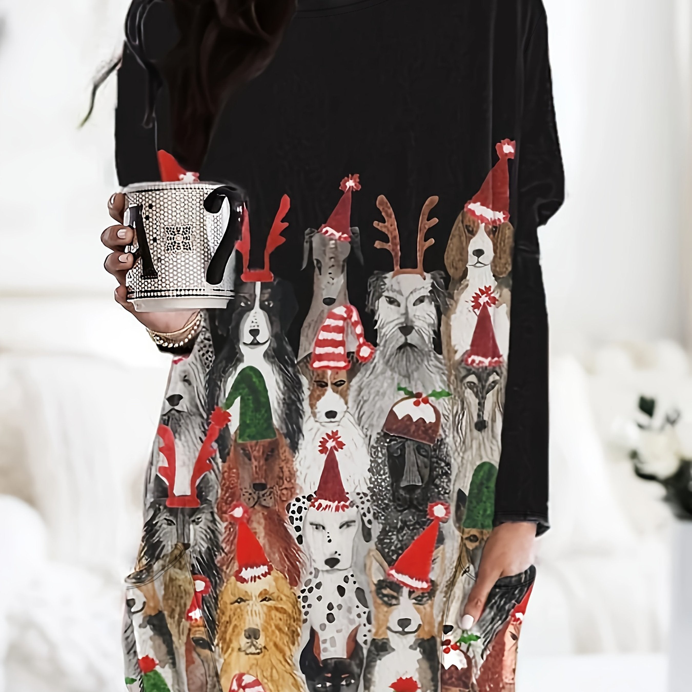 Women's Plus Graphic Print Long Sleeve Tunic Top With Pockets