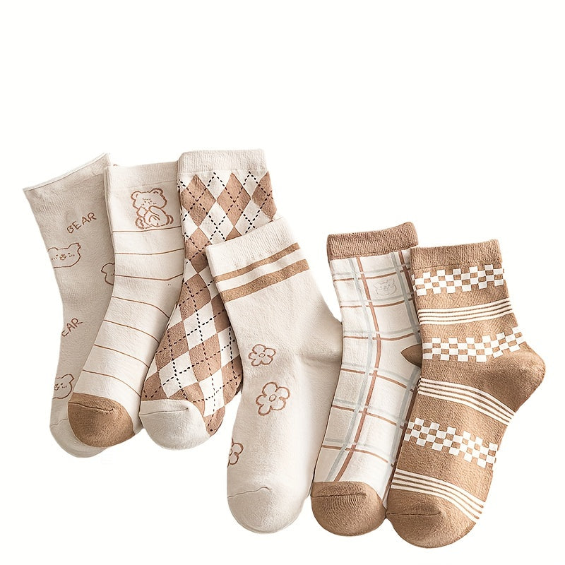 6 Pairs Bear & Plaid Print Socks Women's Stockings & Hosiery