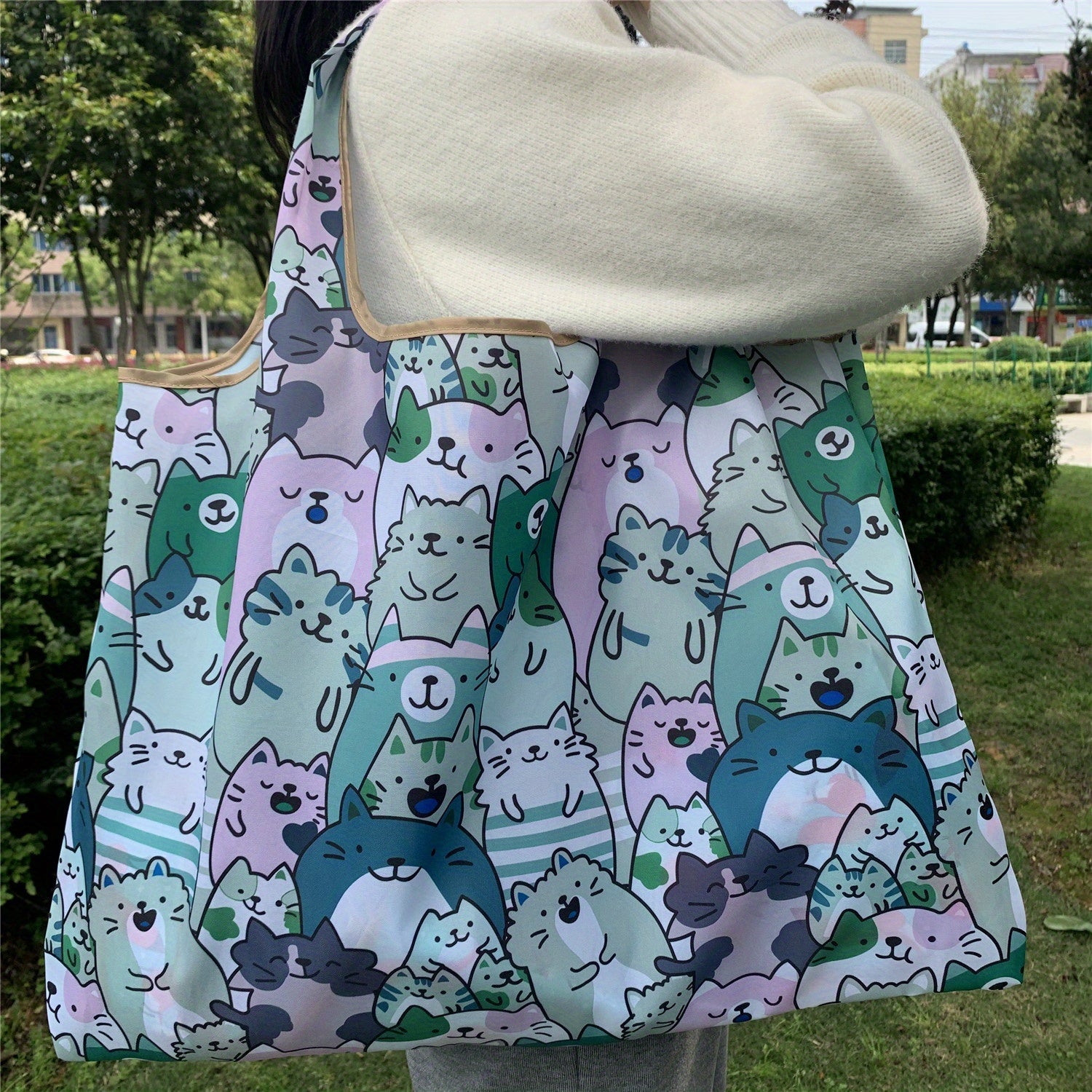 Cartoon Print Casual Tote Bag Large Capacity Foldable Shopping Shoulder Bag