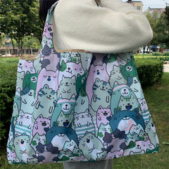 Cartoon Print Casual Tote Bag Large Capacity Foldable Shopping Shoulder Bag