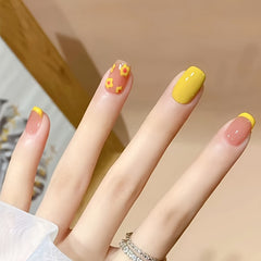 Yellow Squoval Press On Nails Flower False Nails for Women
