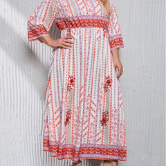 Women's Plus Size Kaftan Dress Floral & Geometric Print V Neck Maxi
