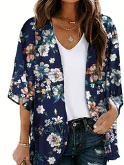 Floral Print V Neck Sheer Sleeves Cover Up Shirt
