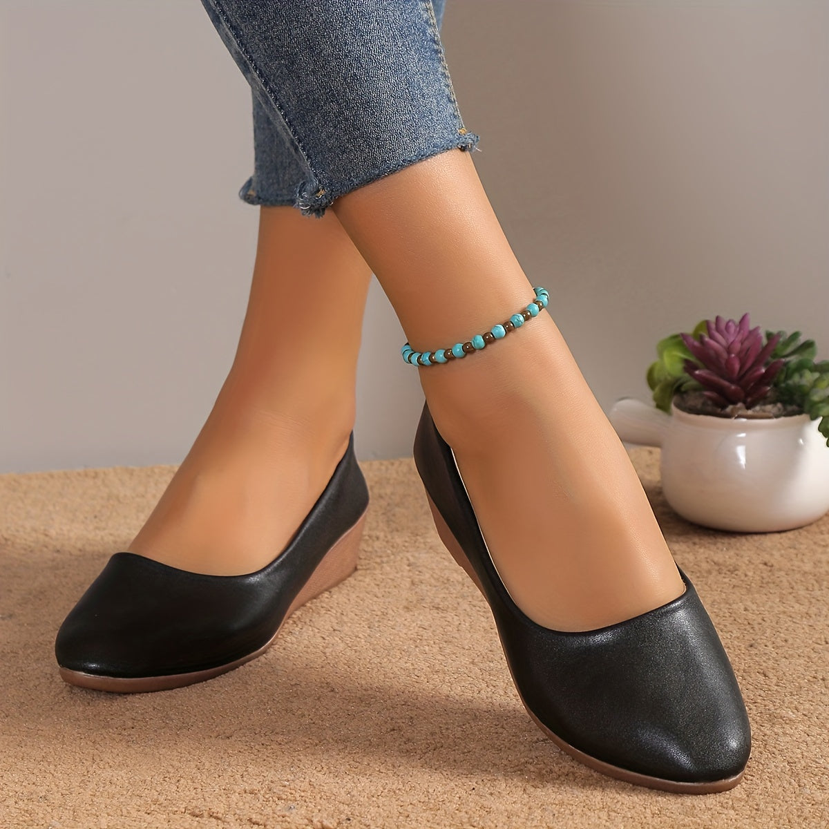 Women's Pointed Toe Wedge Slip-On Faux Leather Shoes