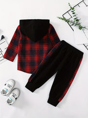 Toddler Boy's Hooded Shirt & Pants Set Plaid Pattern Outfit