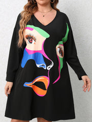 Colorblock Abstract Figure Print Long Sleeve V Neck Dress