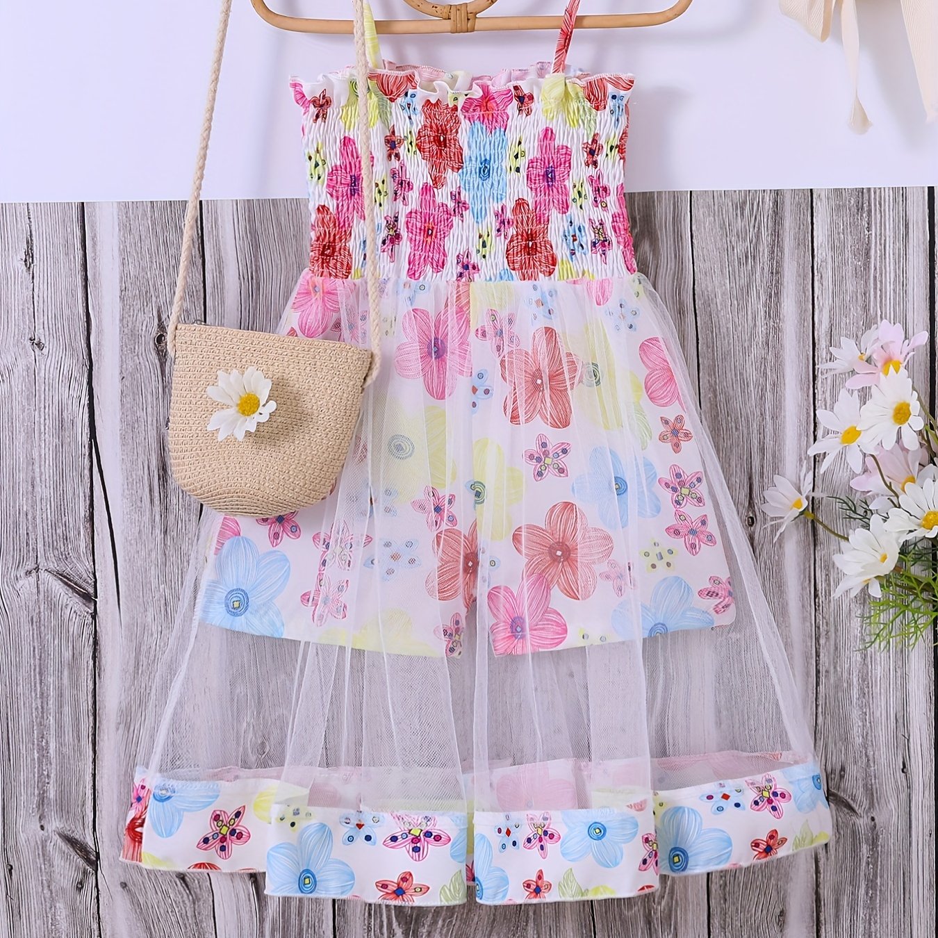 Toddler Girls Flowers Frill Trim Shirred Rompers Jumpsuits