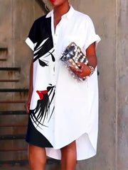 Print Button Front Shirt Dress Rolled Short Sleeve