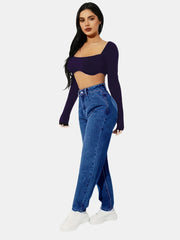 Dark Mom Jeans High Waist Slash Pockets High Rise Straight Denim Pants