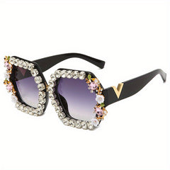 Ombre Lens Sunglasses Rhinestone Decor Square Frame Wide Temple Eyewear