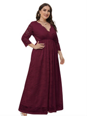 Lace Deep V Neck 3/4 Sleeve Wedding Maxi Dress