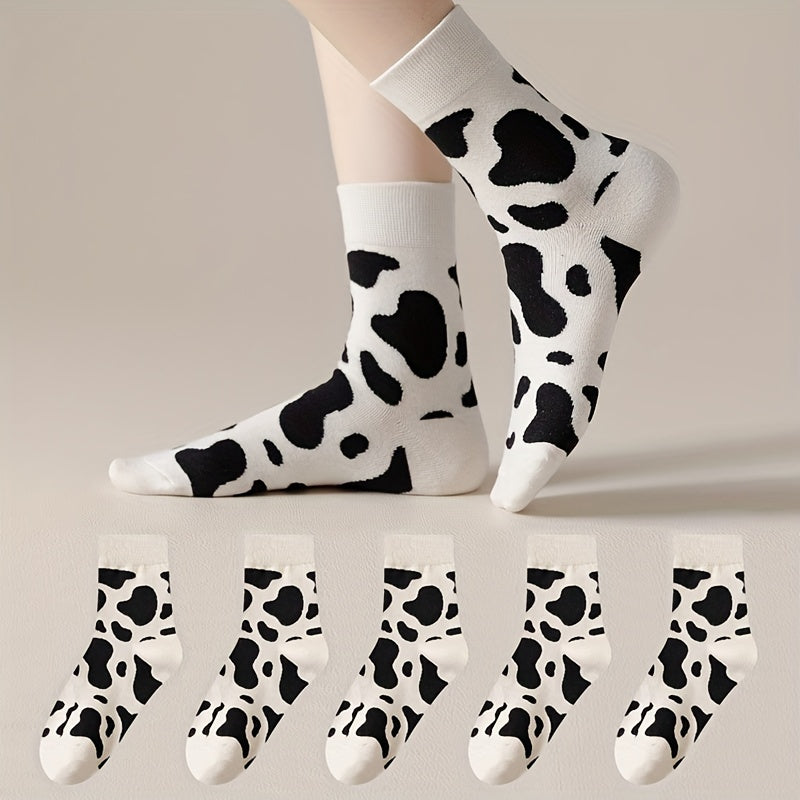 5 Pairs Cow Spots Print Socks Women's Stockings