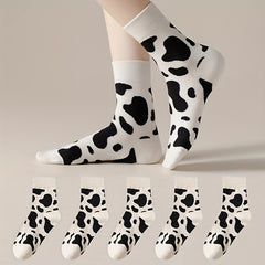 5 Pairs Cow Spots Print Socks Women's Stockings