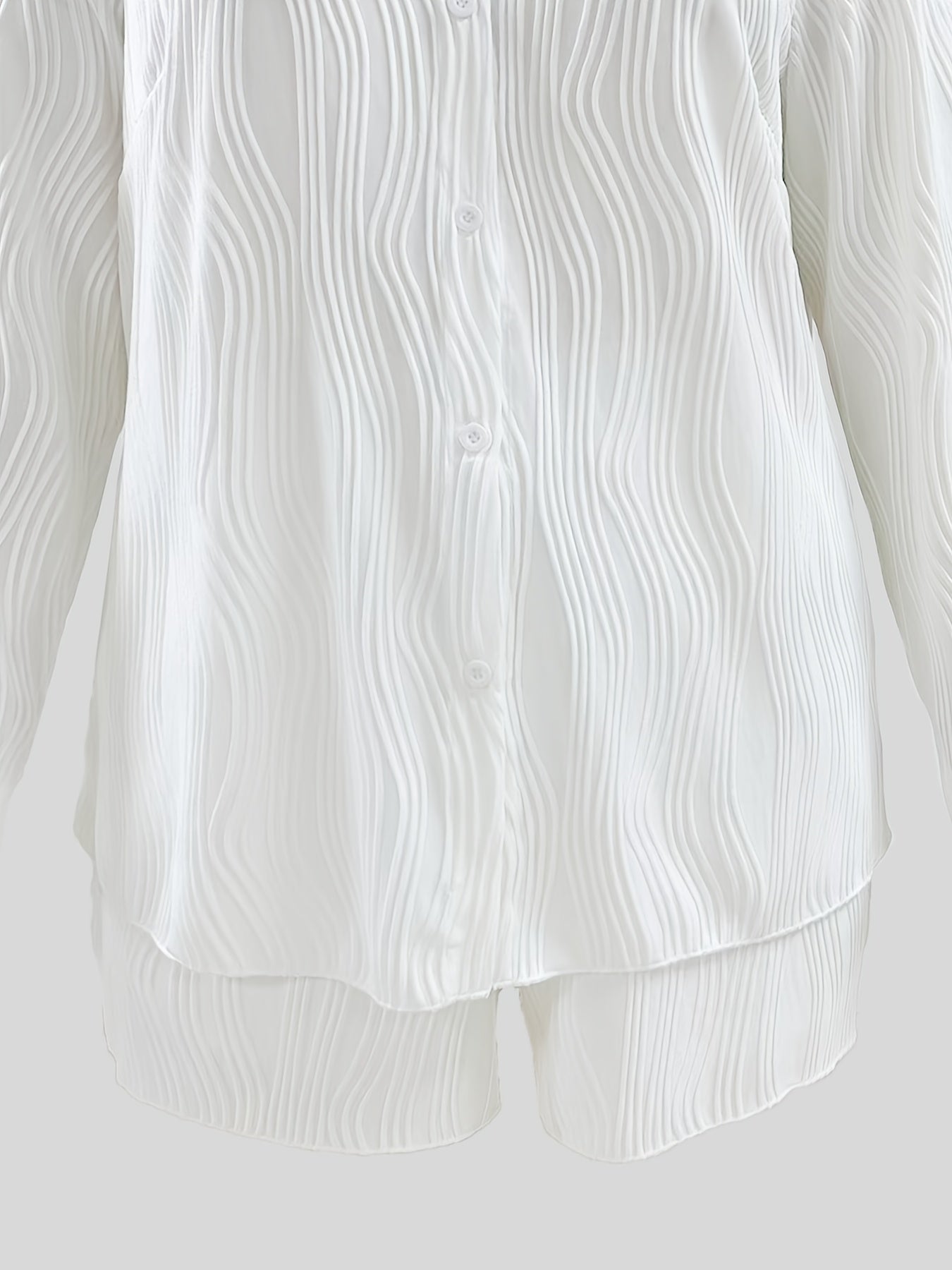 Wave Textured Long Sleeve Shirt & Shorts Outfit Set