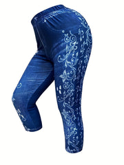 Denim & Floral Print Skinny Capris Leggings for Women