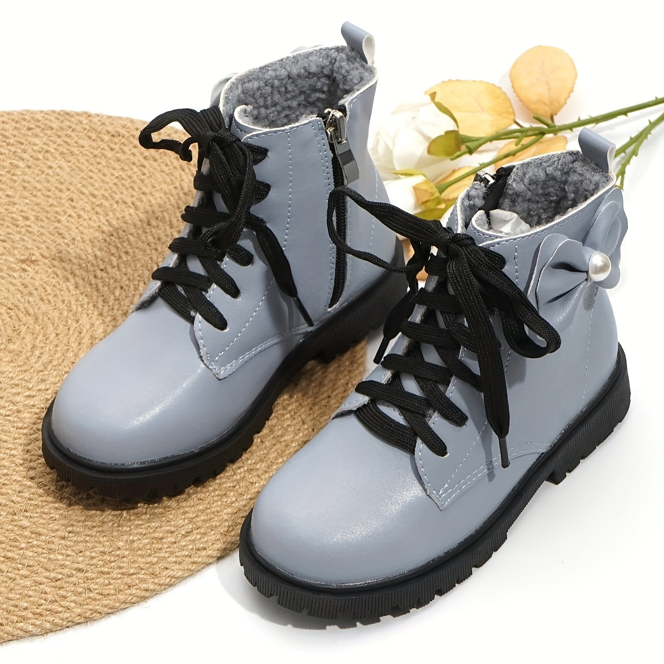 Bowknot Plus Fleece Boots With Zipper For Girls