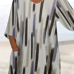 Women's Plus Stripe Print V Neck Long Sleeve Dress