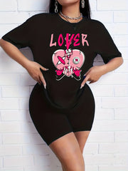 2pcs Heart Graphic T Shirt & Solid Shorts Set Women's Activewear