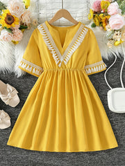 Girls Tassel V-neck Short Sleeve Dress For Party Going Out Beach Holiday