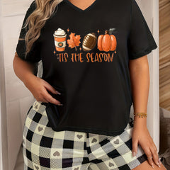 Pumpkin Slogan Print V Neck Pajama Top