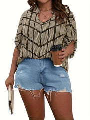 Casual Blouse Women's Plus Dot & Geometric Print Long Sleeve Loose Fit