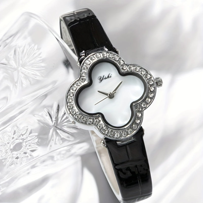 Four Leaf Clover Watch Rhinestone Studded Quartz Wristwatch