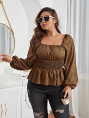 Women's Plus Size Leopard Print Lantern Sleeve Peplum Blouse