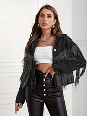 Fringe Decor Denim Jacket Long Sleeve Coat Women's Clothing