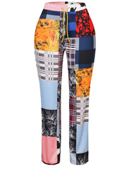 Patchwork Print Elastic Drawstring Straight Leg Pants
