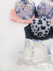 3 Pcs Women's Printed Cup Bras Top Thin Bottom Underwire Bra