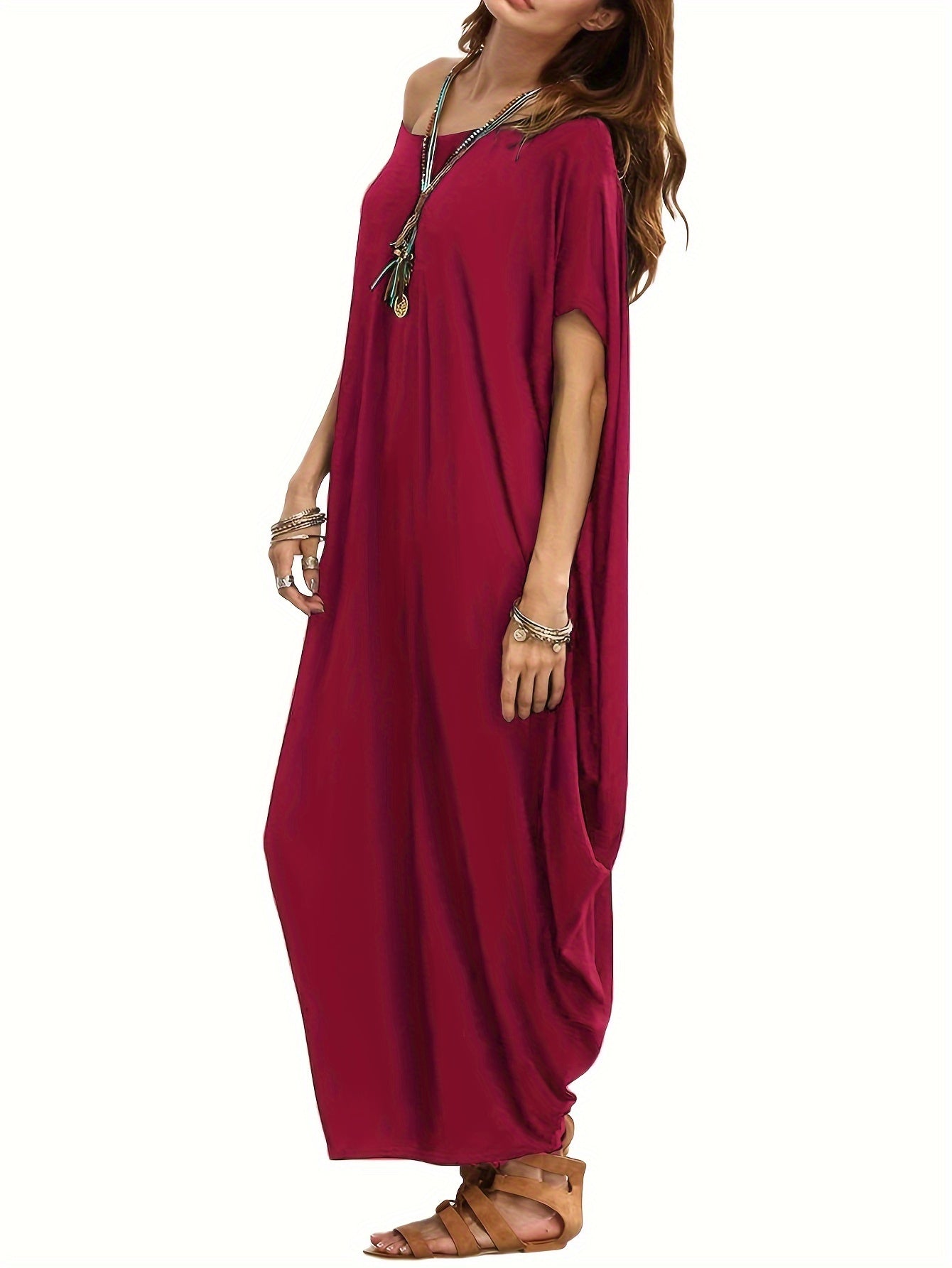 Women's Plus Solid Batwing Sleeve Maxi Cover Up Dress