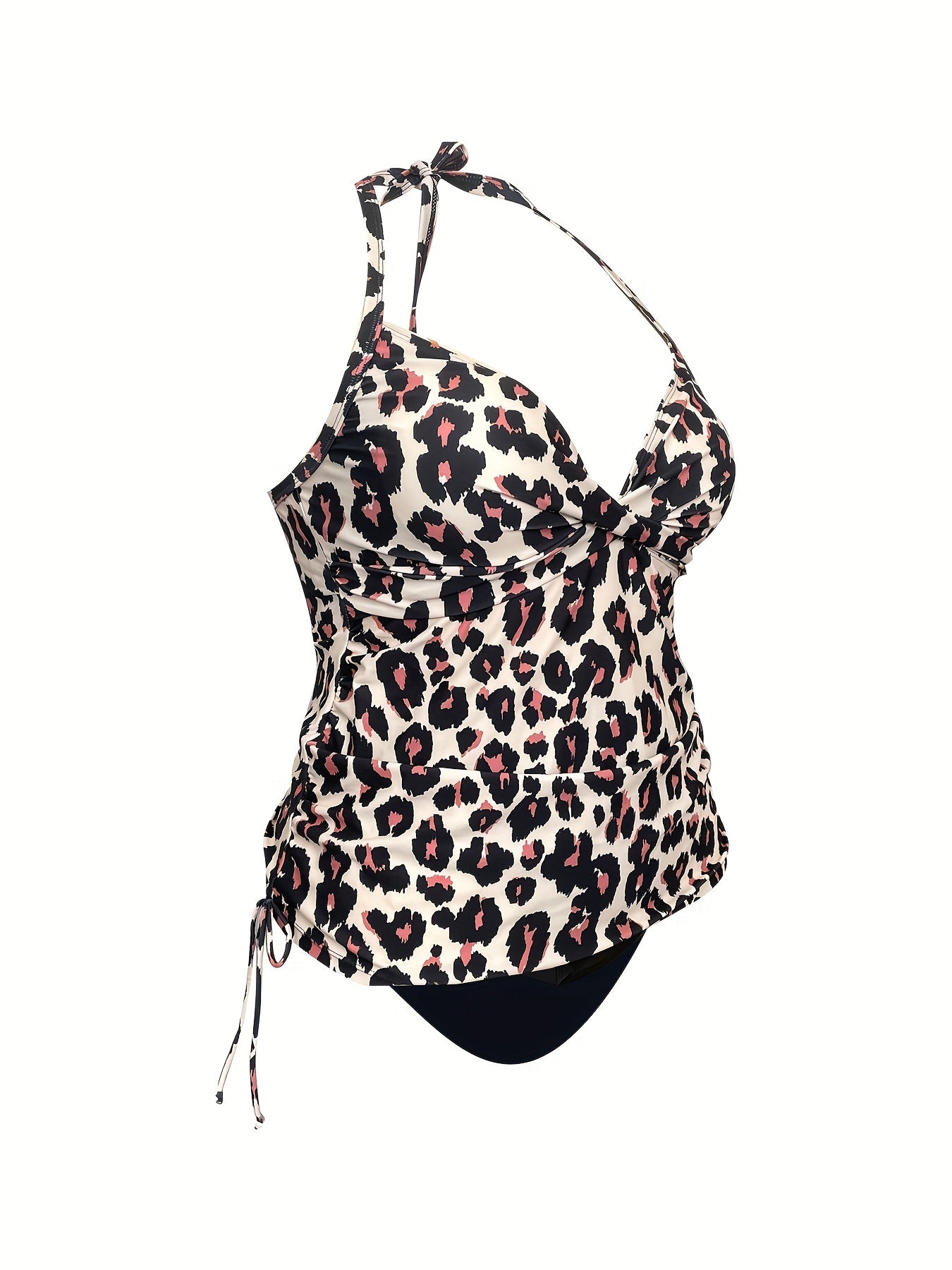 Women's Plus Leopard Print Tankini Set Halter Neck Ruched Side Swimsuit