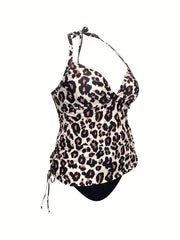 Women's Plus Leopard Print Tankini Set Halter Neck Ruched Side Swimsuit