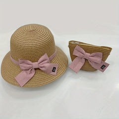 Girls Bow Decor Straw Hat & Bag Set for Outdoor Activities