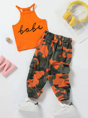 Girls Letter Halter Top & Camouflage Cargo Pant Set Summer Clothes