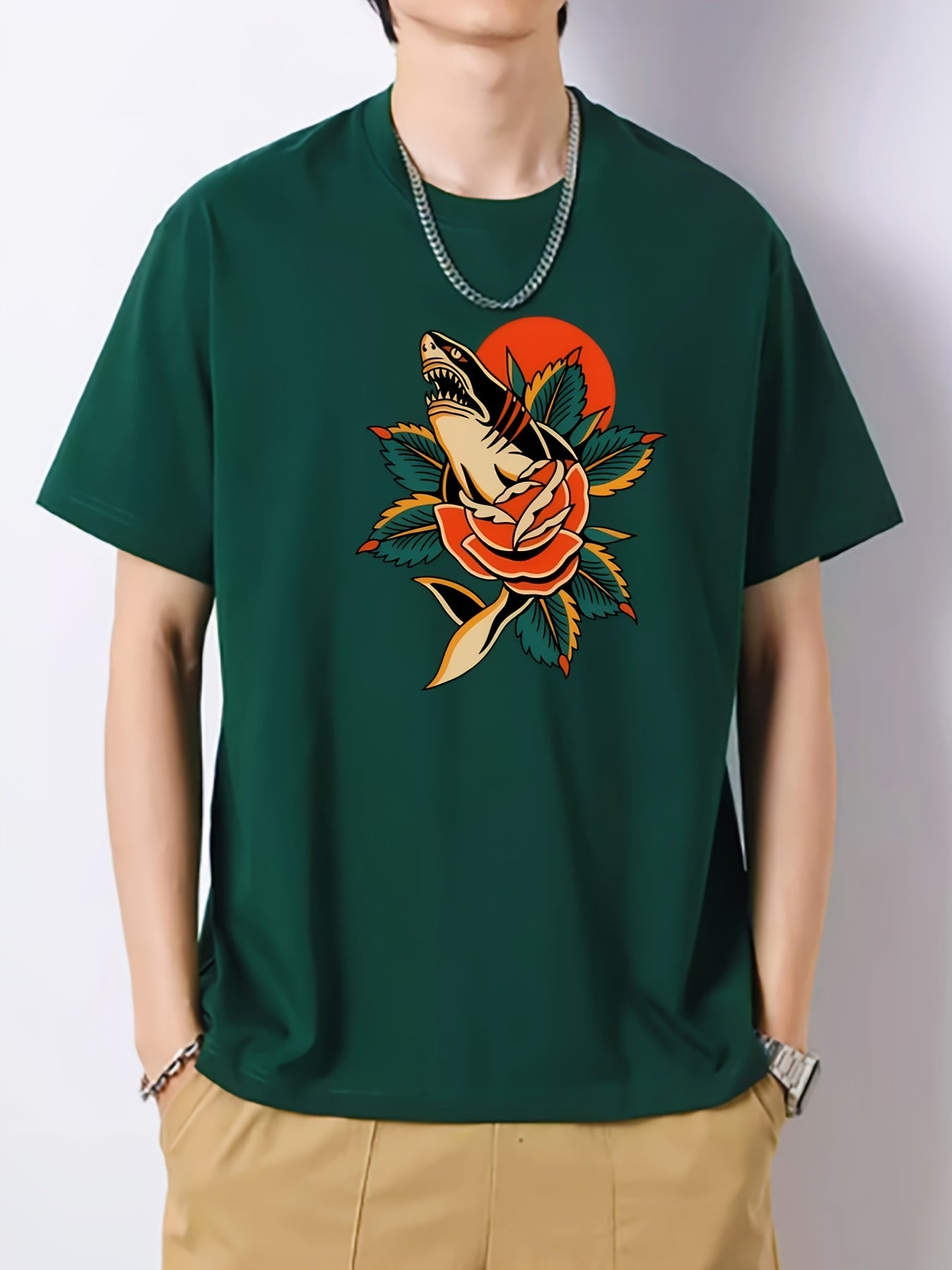 Flower & Shark Pattern Men's Cotton Crew Neck T-shirt