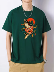 Flower & Shark Pattern Men's Cotton Crew Neck T-shirt