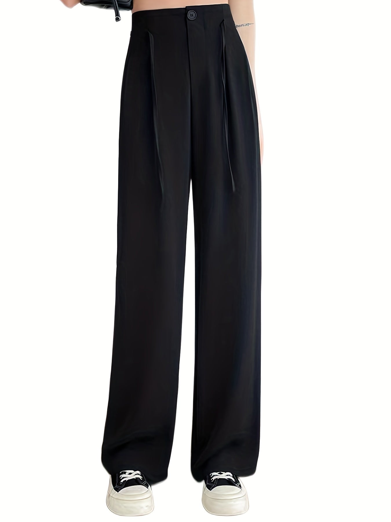 Solid Drawstring Button Pants Casual High Waist Straight Leg Pants