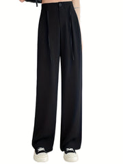 Solid Drawstring Button Pants Casual High Waist Straight Leg Pants