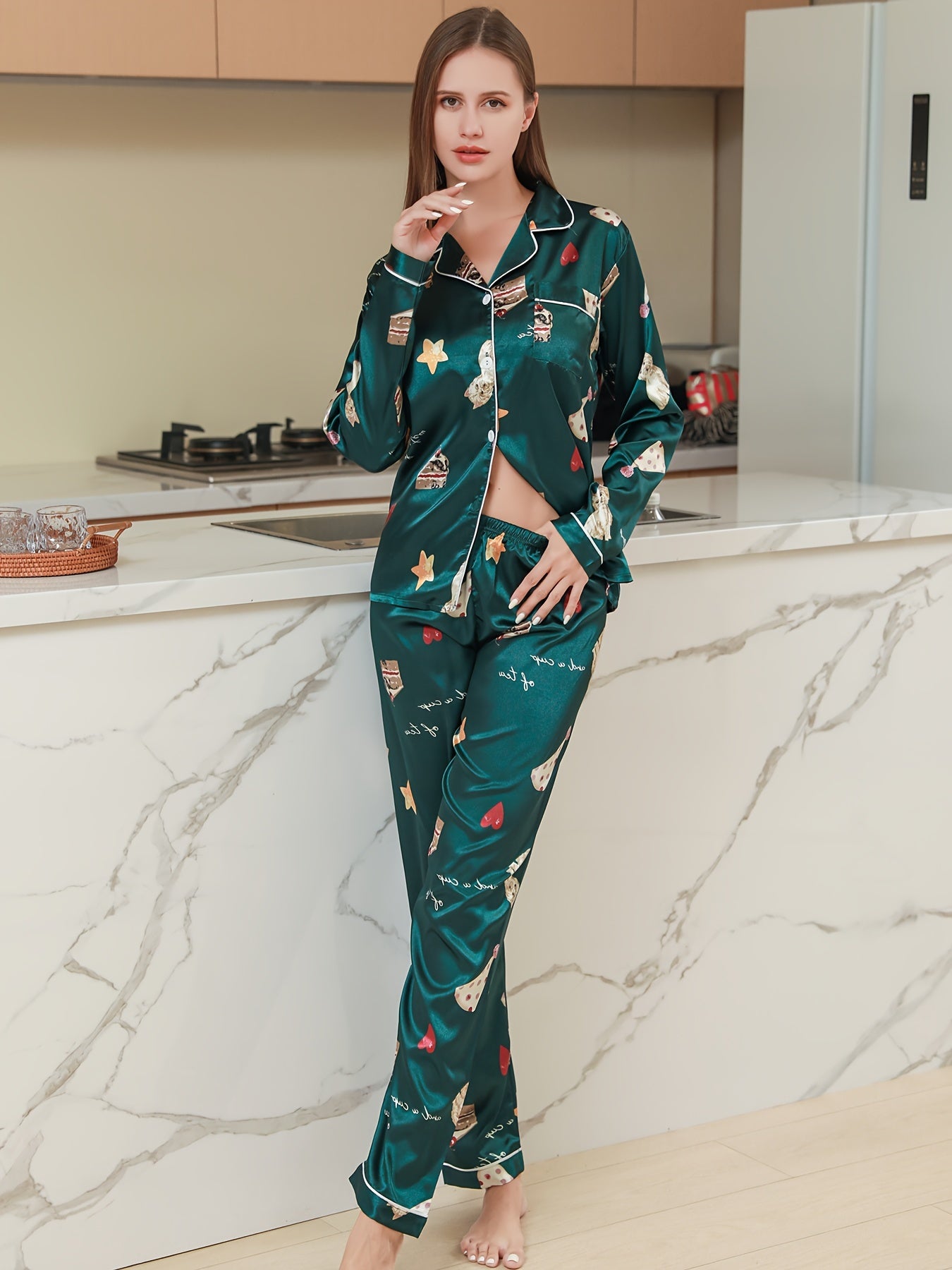 Cartoon Print Pajama Set Long Sleeve Buttons Top & Elastic Waistband Pants