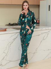 Cartoon Print Pajama Set Long Sleeve Buttons Top & Elastic Waistband Pants