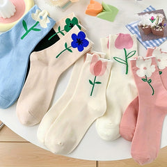 6 Pairs Floral Print Mid Tube Socks Women's Stockings