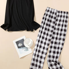 Solid Long Sleeve Round Neck Tee & Plaid Pants Pajamas Set